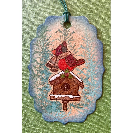 Christmas Cardinal Birdhouse Rubber Stamp