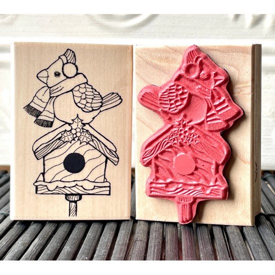 Christmas Cardinal Birdhouse Rubber Stamp