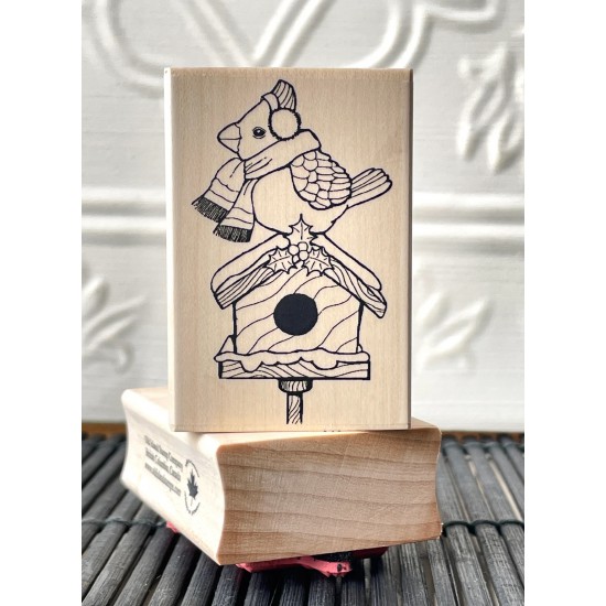 Christmas Cardinal Birdhouse Rubber Stamp